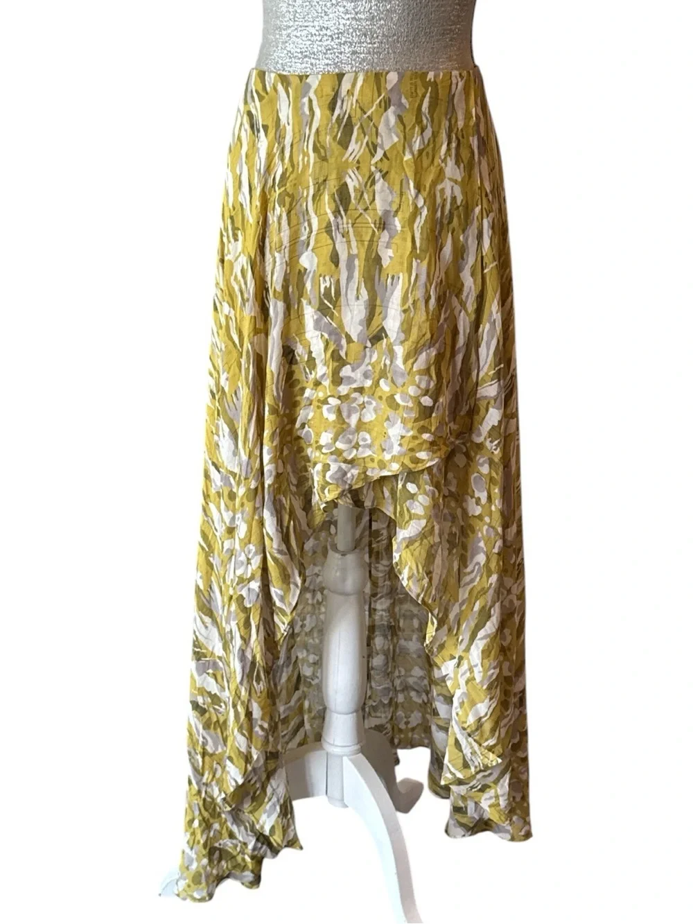 AllSaints Slvina Oniyuri Yellow Multi Camo Print Asymmetric Maxi Skirt Size 8